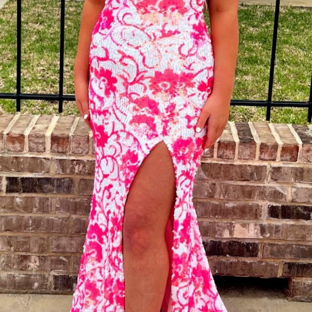 JOVANI PINK AND WHITE SEQUIN